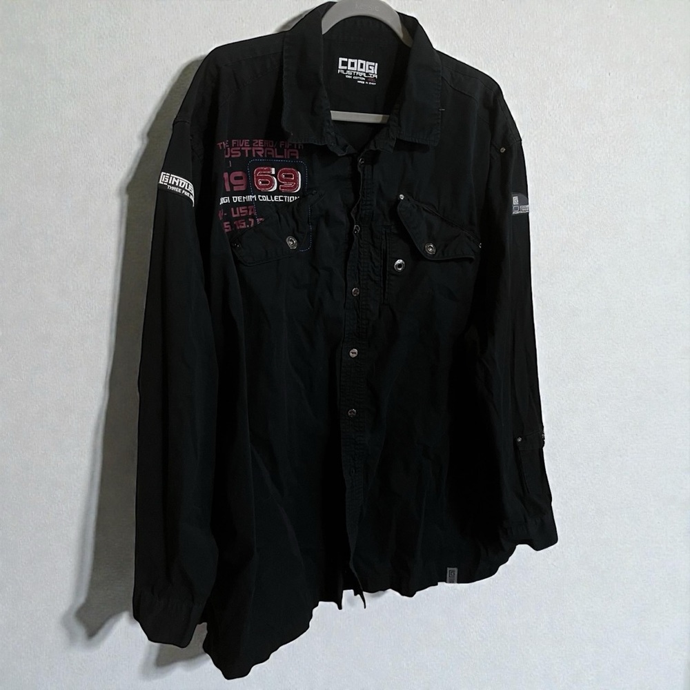 VTG Coogi Australia Sluggers League embroidered black denim button down shirt